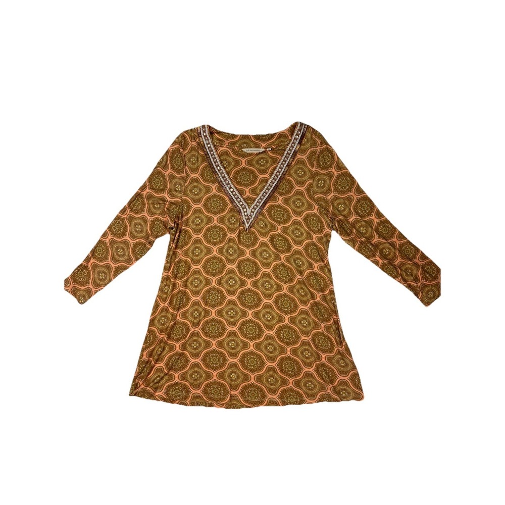 Soft Surroundings Brown Peach Geometric Beaded Tunic V-Neck Long Sleeve M